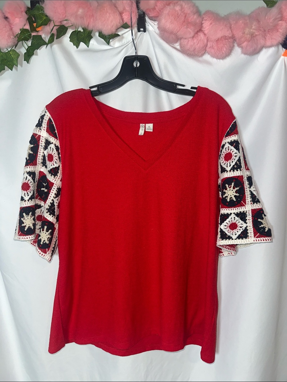 Cato Red V-Neck Top with Crochet Accent Sleeves